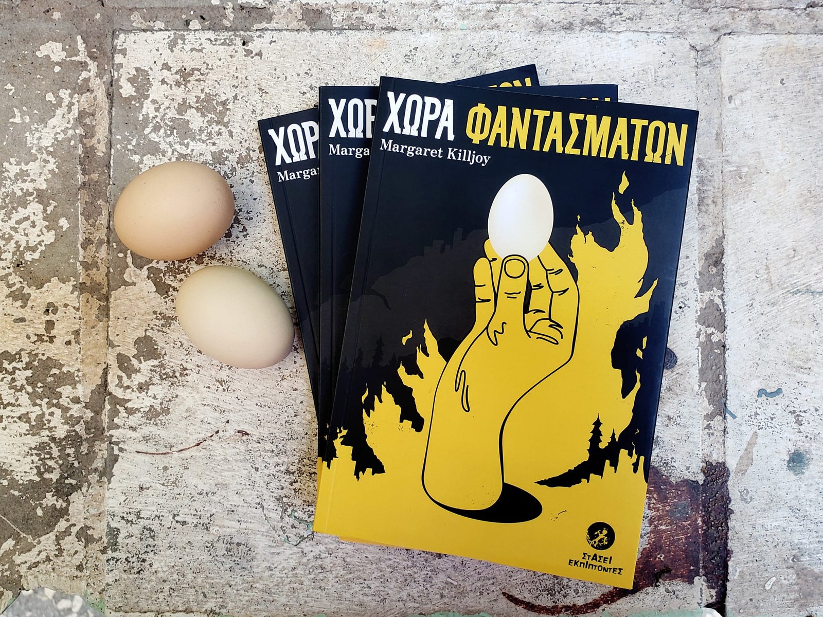 Robotnik Fantastica 8 Three copies of the book and two chicken eggs on a grunge concrete floor