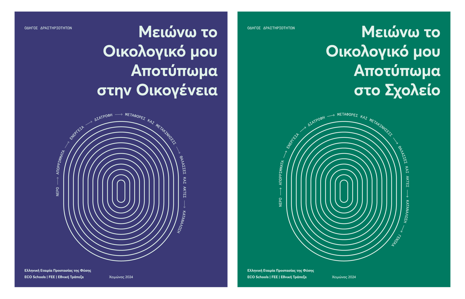 HSPN Activity Guides covers. The Family Activities guide has a blue-purple background. The book's title is on the top right. The cover is illustrated by a symbol in white outline, created by concetrical rounded rectangles. The overall sensation is that of a fingerprint. The School activities guide features the same design on a green background