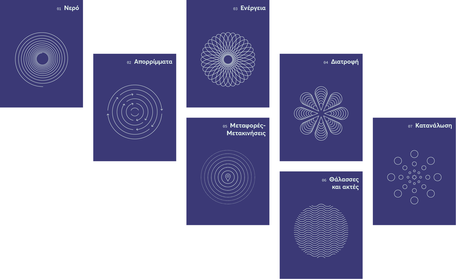 The openings for each of the guide's chapters, white outlines on blue-purple background. The title for each chapter is features with bold sans-serif legtters on the top right of each page