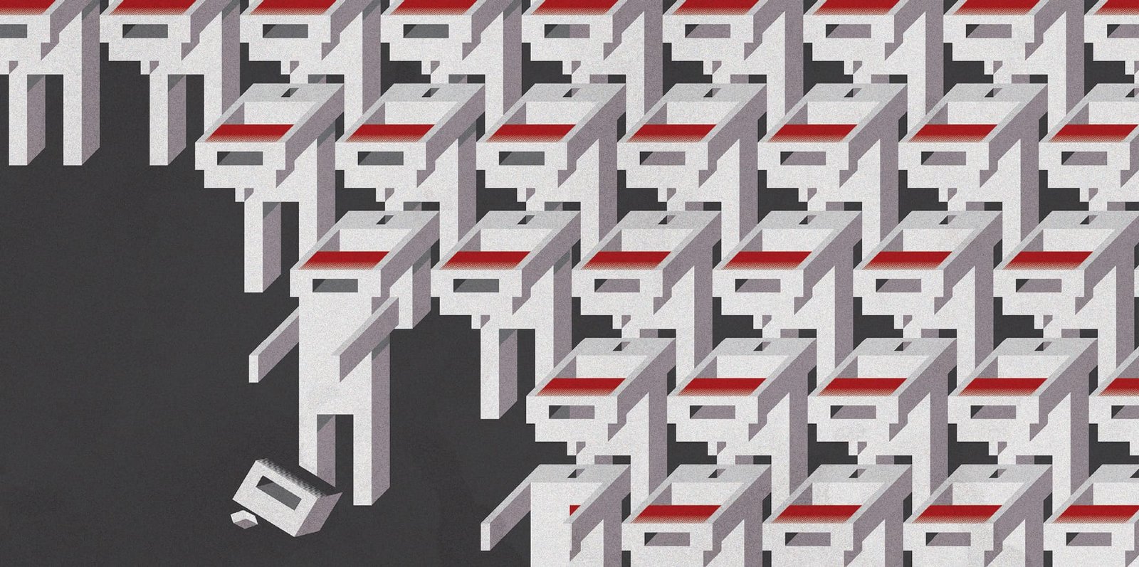 A pattern consisting of several geometric robots, each one holding in its hands the mechanical head of the one in front of it. On the left, one of the robots has dropped a head on the floor, the head having broken in the fall.