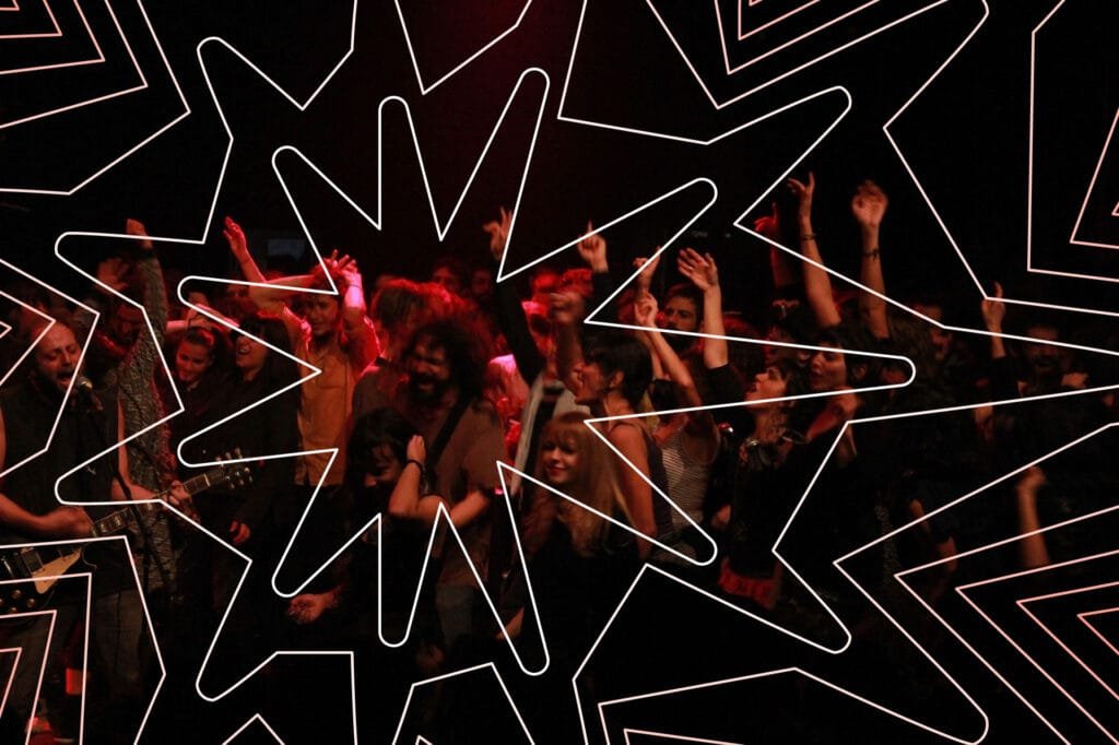 Radio Sol 7 A pattern deriving from the symbol, superimposed over a photograph of a crazy and upbeat Radio Sol concert.